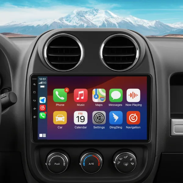 Jeep Compass 2009-2015 Bilradio med trådløs Apple CarPlay, Android Auto og GPS-navigation, 10.1” touchscreen.